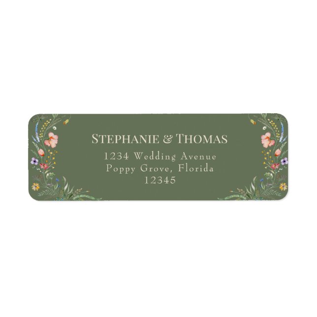 Olivgrön äng med vilda blommor bröllop  returadress etikett (Framsidan)