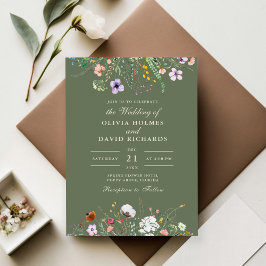 Olivgrön äng med vilda blommor bröllopsinbjudan inbjudningar