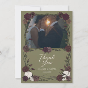 Olivgrön Blommig Dödskalle Foto Tackkort Tack Kort