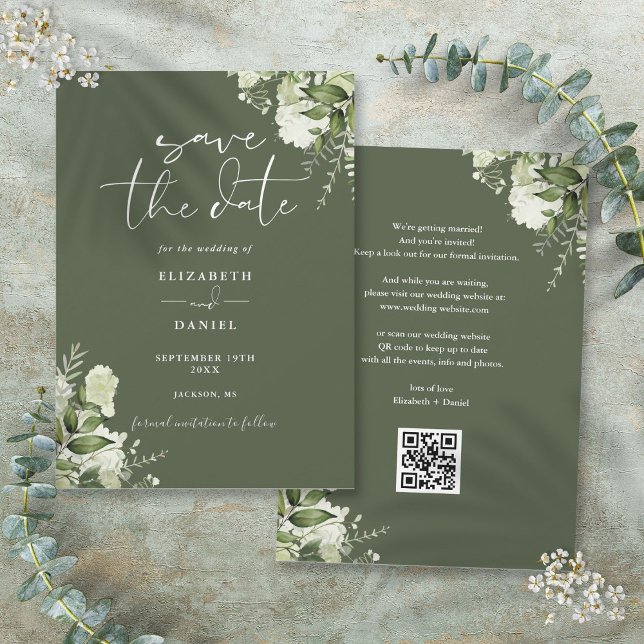 Olivgrön Blommig Grönska QR-kod Bröllop Spara Datumet (Olive Green Floral Greenery QR Code Wedding Save The Date)