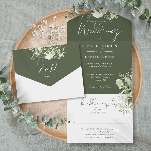 Olivgrön Blommig Monogram Bröllop (Olive Green Greenery Floral Monogram Wedding All In One Invitation)