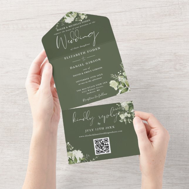Olivgrön Blommig QR-kod Formell Bröllopsinbjudan (Avrivbar del)