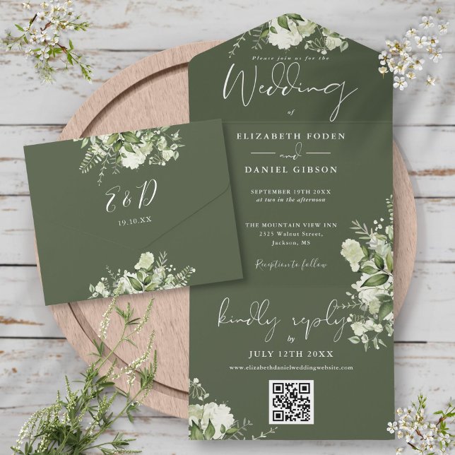 Olivgrön Blommig QR-kod Monogram Bröllop (Olive Green Floral QR Code Monogram Wedding All In One Invitation)