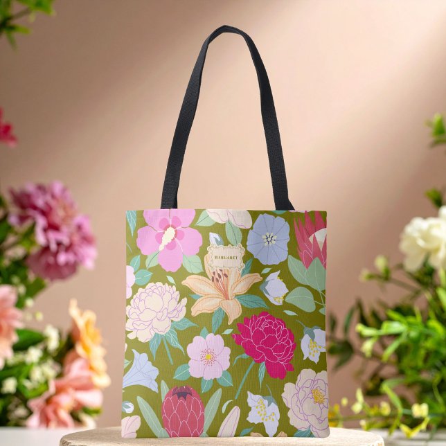 Olivgrön blomster chic trendig unik tygkasse (Skapare uppladdad)