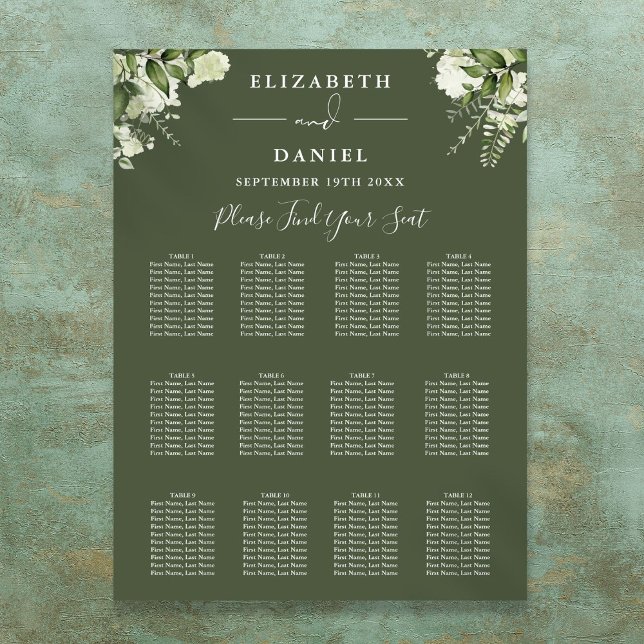 Olivgrön blomstergrönska Bröllopsställningsdiagram Poster (Olive Green Floral Greenery Wedding Seating Chart)