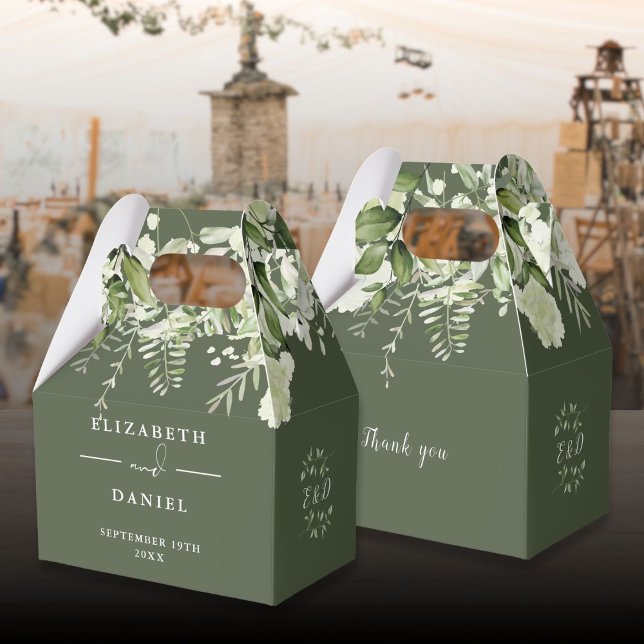 Olivgrön blomstergrönska Monogram Bröllop Presentaskar (Olive Green Floral Greenery Monogram Wedding Favor Boxes)