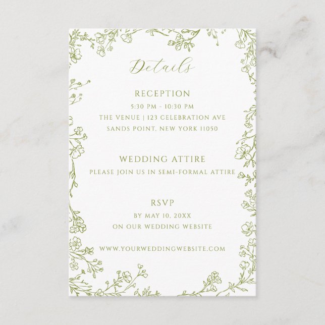 Olivgrön blomsterlinjekonst Bröllopsdetaljer Tilläggskort (Framsida)
