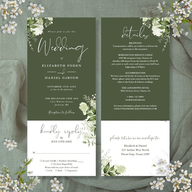 Olivgrön botanisk blommig allt-i-ett bröllop  inbjudningar (Olive Green Botanical Floral All In One Wedding Invitation)