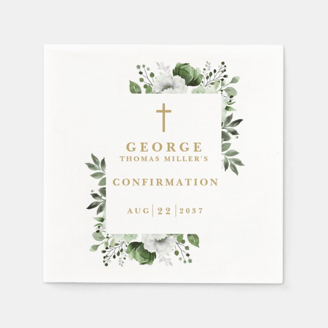 Olivgrön Botanisk Modern Konfirmation Pappersservett (Framsidan)