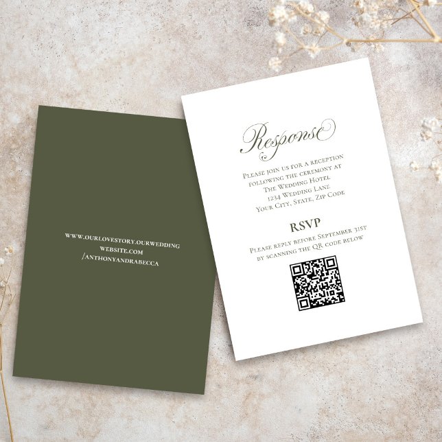 Olivgrön bröllops-RSVP QR-kodkort med script Tilläggskort (Elegant olive green wedding RSVP card with script font and modern QR code response)