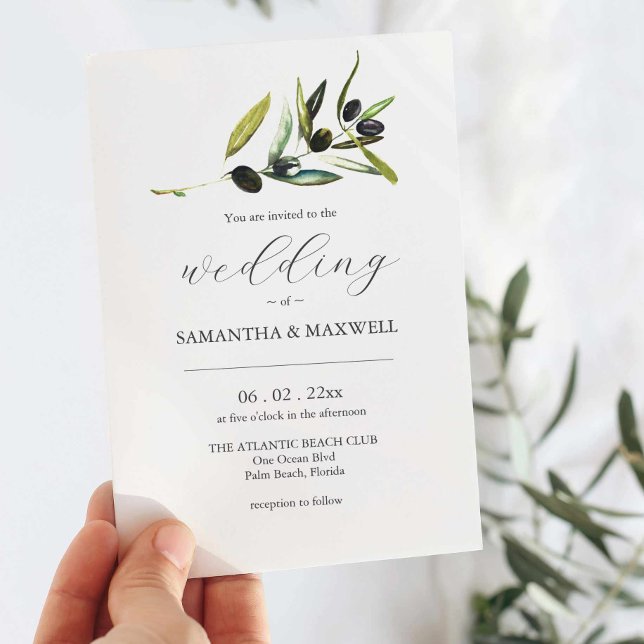 Olivgrön bröllopsinbjudan med QR-kod för RSVP Inbjudningar (Wedding invitations to buy with watercolor olive branch art by Victoria Grigaliunas Do Tell A Belle)