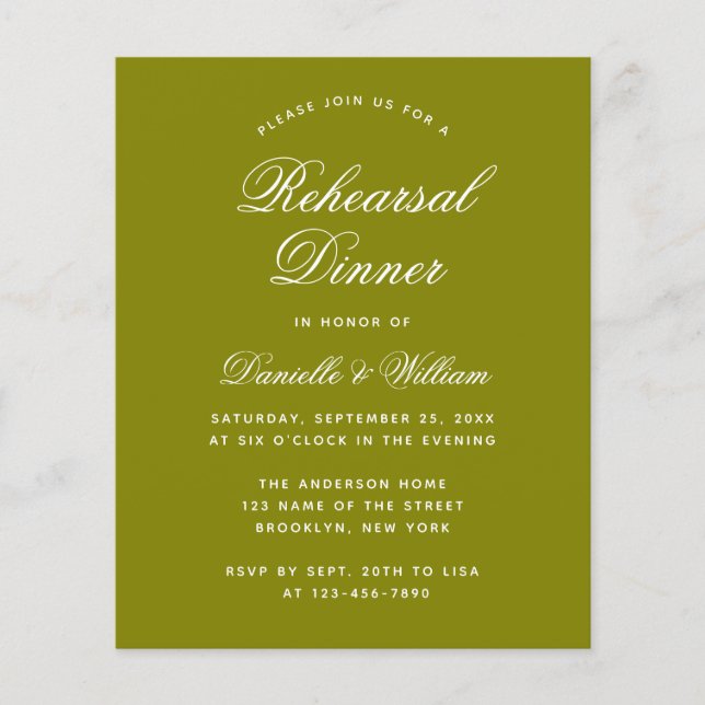 Olivgrön budgetinbjudan för repetitionsmiddag (Framsida)