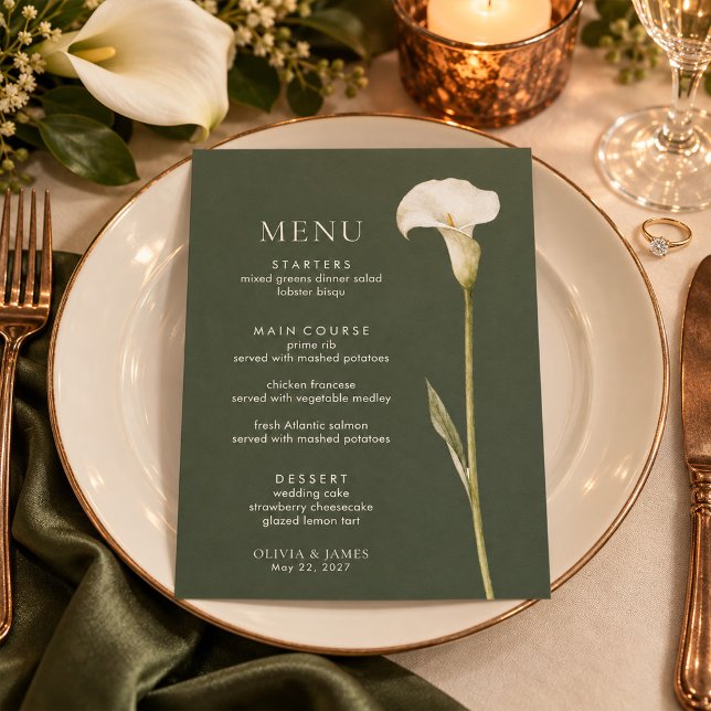 Olivgrön Callalilja Bröllopsmeny Meny (Olive Green Calla Lily Wedding Menu)