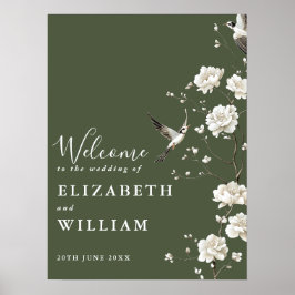 Olivgrön chinoiserie-välkomstskylt för bröllop poster