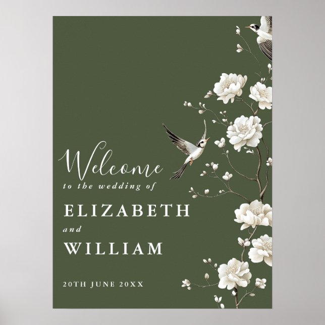 Olivgrön chinoiserie-välkomstskylt för bröllop poster (Framsidan)