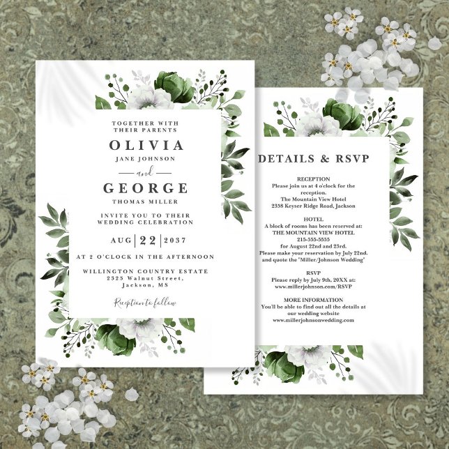 Olivgrön elegant blomsterbröllop allt-i-ett inbjudningar (Olive Green Elegant Floral All In One Wedding Invitation)