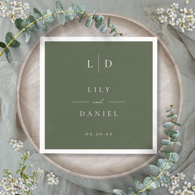 Olivgrön Elegant Minimalistisk Monogram Bröllop  Pappersservett (Olive Green Elegant Minimalist Monogram Wedding Napkins)