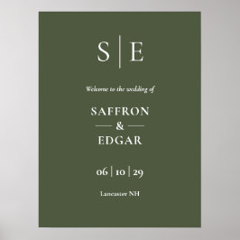 Olivgrön Elegant Monogram Bröllopsväggskylt Poster