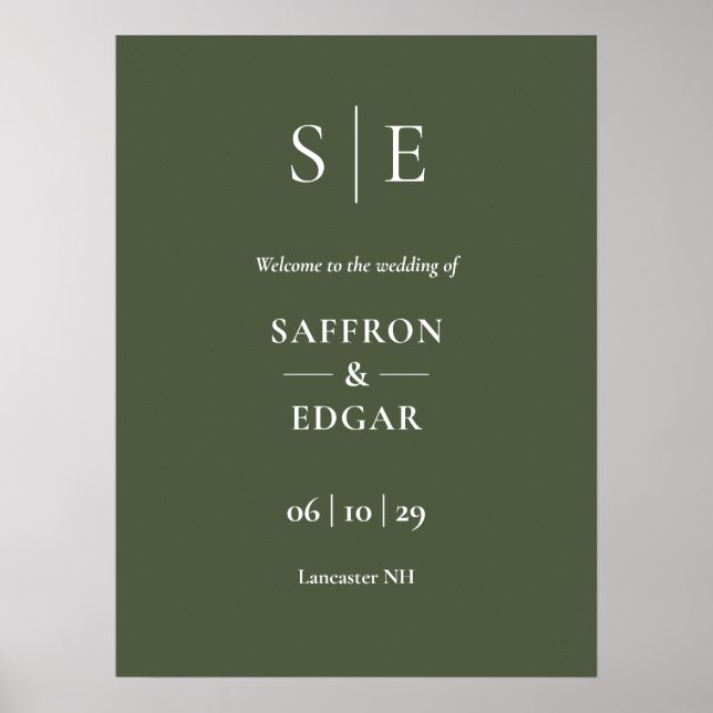 Olivgrön Elegant Monogram Bröllopsväggskylt Poster (Framsidan)