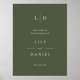 Olivgrön elegant monogram välkomstskylt för bröllo poster
