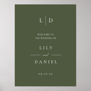 Olivgrön elegant monogram välkomstskylt för bröllo poster