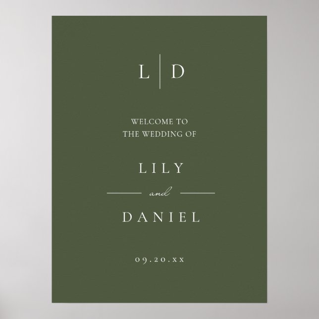 Olivgrön elegant monogram välkomstskylt för bröllo poster (Framsidan)