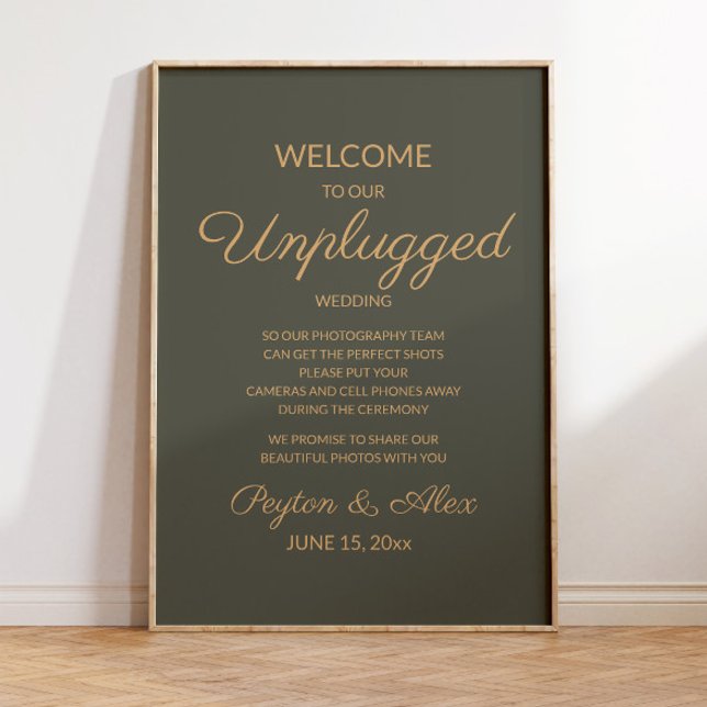 Olivgrön elegant skylt för 'Tystnad på bröllopet' (Dark olive/sage green "Unplugged" wedding poster for your fall/autumn/winter wedding)