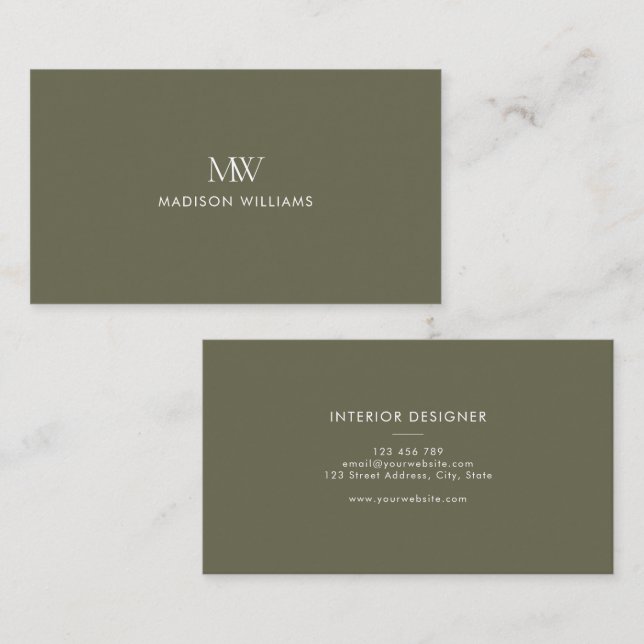 Olivgrön Enkel Elegant Modernt Monogram Visitkort (Fram/baksida)
