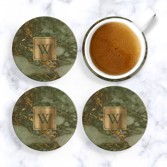 Olivgrön Falsk Marmor Guld Monogram Underlägg (Skapare uppladdad)