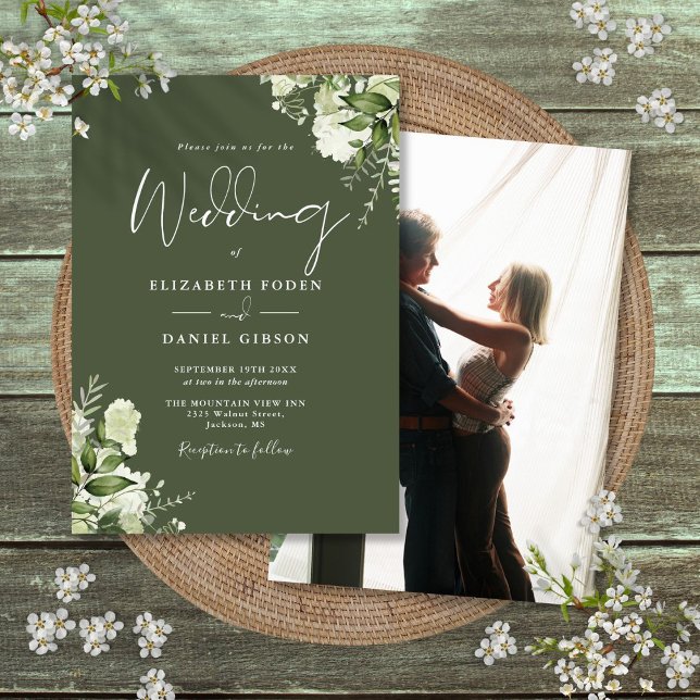 Olivgrön grönska blad Elegant foto bröllop  Inbjudningar (Olive Green Greenery Leaves Elegant Photo Wedding Invitation)