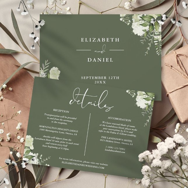 Olivgrön Grönska Bröllopsdetaljer Information Inbjudningar (Olive Green Greenery Wedding Details Information Invitation)