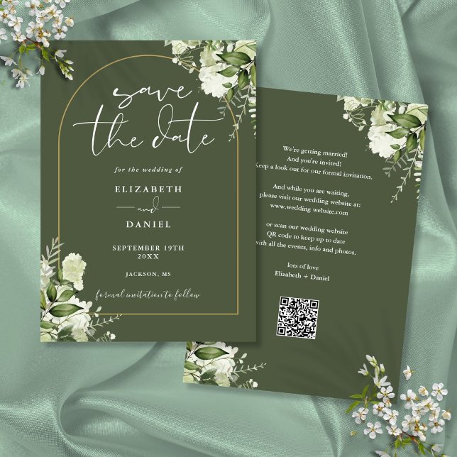 Olivgrön grönska guldvalv QR-kod bröllop Spara Datumet (Olive Green Greenery Gold Arch QR Code Wedding Save The Date)