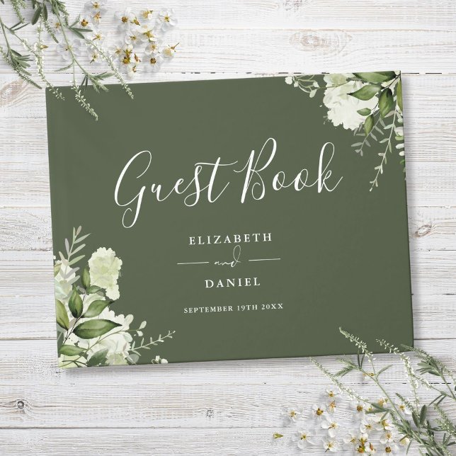 Olivgrön grönskande blomsterbröllop gästböcker (Olive Green Greenery Floral Wedding Guest Book)