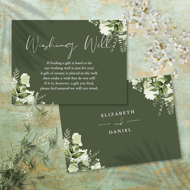 Olivgrön grönskande blomsterönskebrunn bröllop tilläggskort (Olive Green Greenery Floral Wishing Well Wedding Enclosure Card)