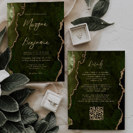Olivgrön Guld Agat Script QR-kod Bröllop Inbjudningar