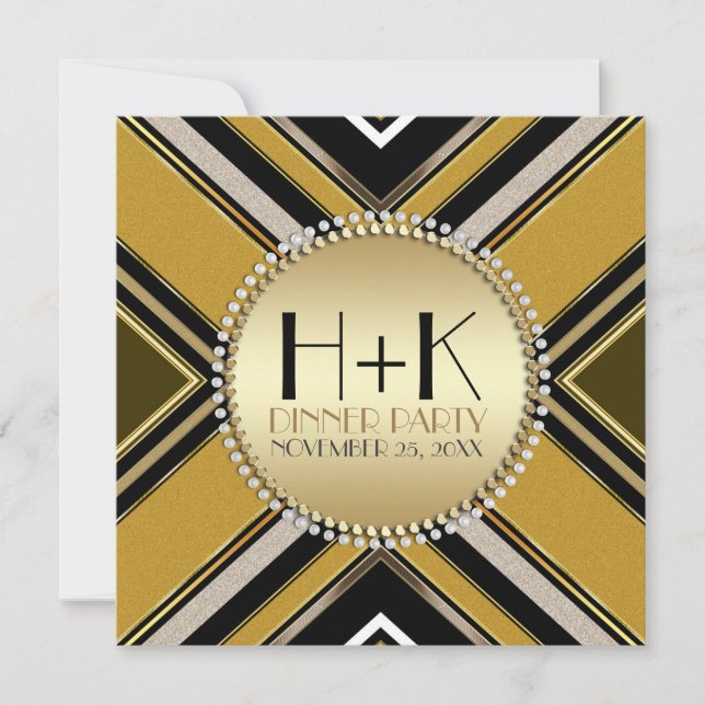 Olivgrön Guld Art Deco Middagspartaj Invitation Inbjudningar (Framsida)