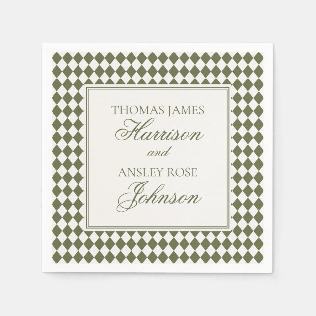 Olivgrön Harlekinrutig Bröllop Pappersservett (Framsidan)
