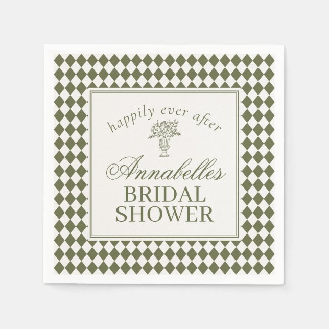 Olivgrön Harlekinrutig Bröllopsfest Pappersservett (Framsidan)