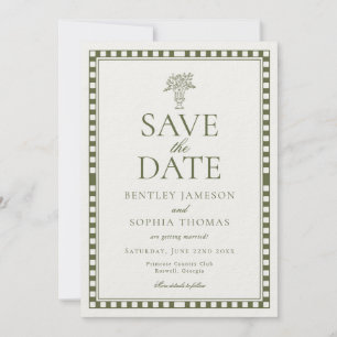Olivgrön Harlekinrutig Save the Date Inbjudningar