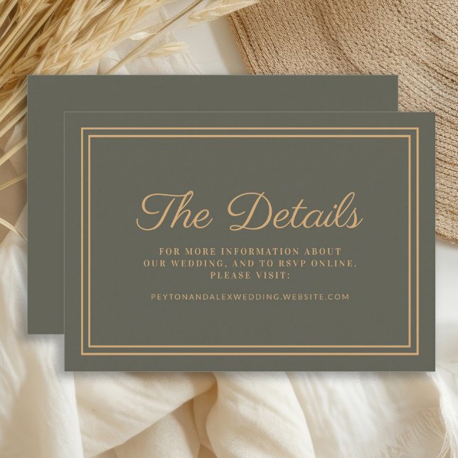 Olivgrön Infogningskort Med Bröllopsdetaljer Tilläggskort (Dark olive/sage green and gold wedding details card )