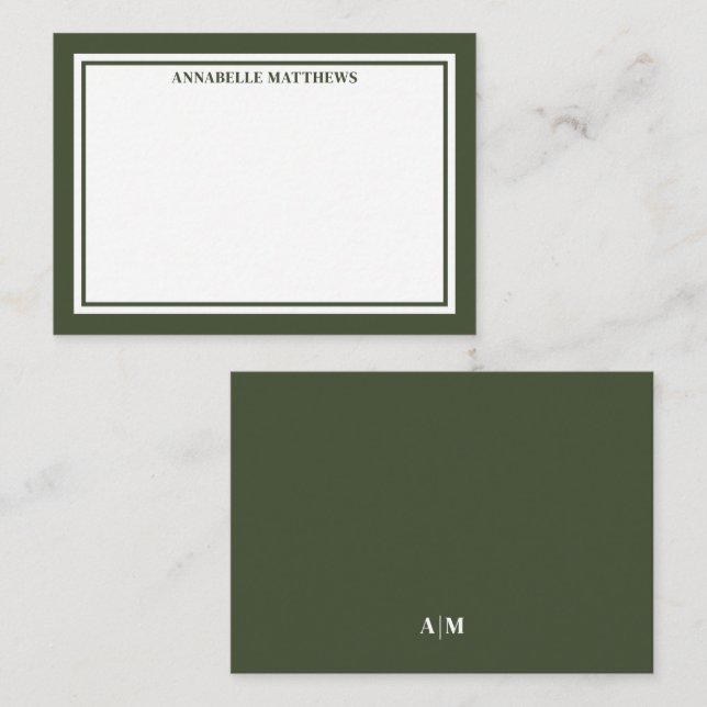 Olivgrön kant minimalistisk monogram anteckningskort (Fram/baksida)