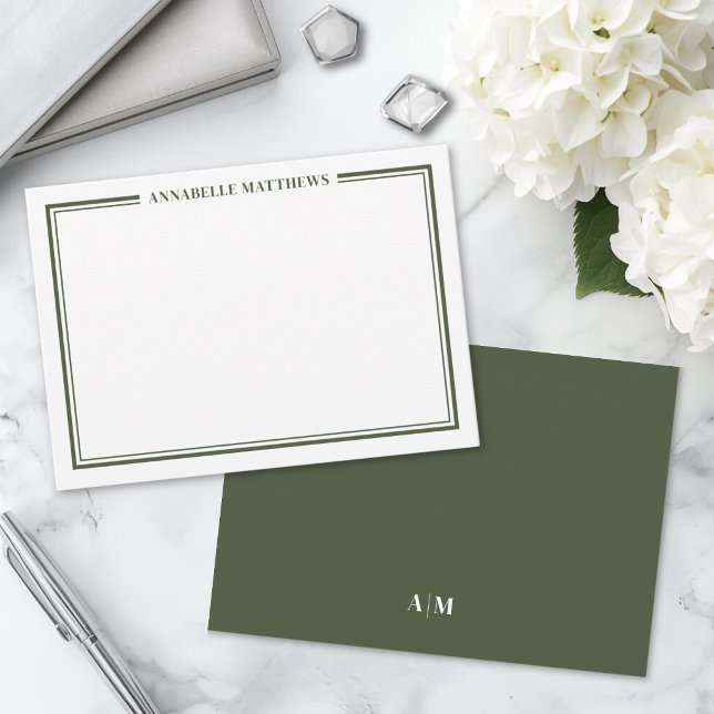 Olivgrön kant minimalistisk namnmonogram anteckningskort (Olive Green Border Minimalist Name Monogram Note Card)