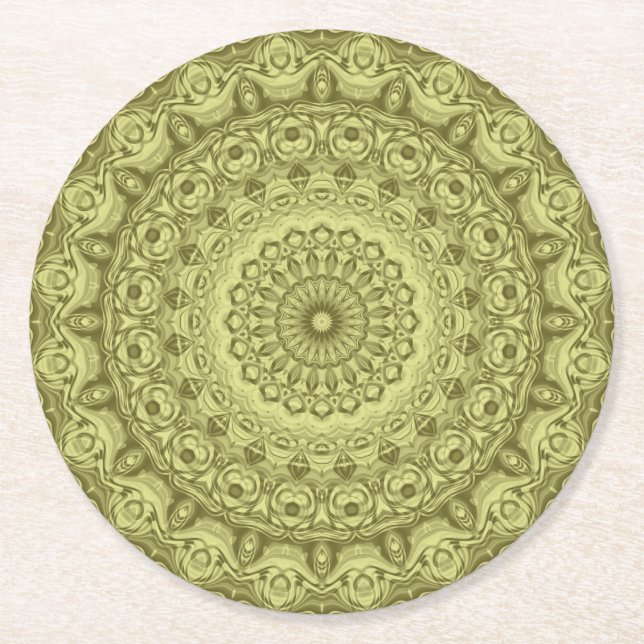 Olivgrön Mandala Mönsterdesign Underlägg Papper Rund (Framsidan)