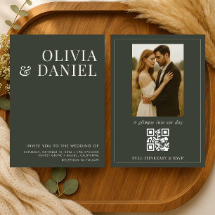 Olivgrön Minimalistisk Foto QR-kod Bröllop Inbjudningar