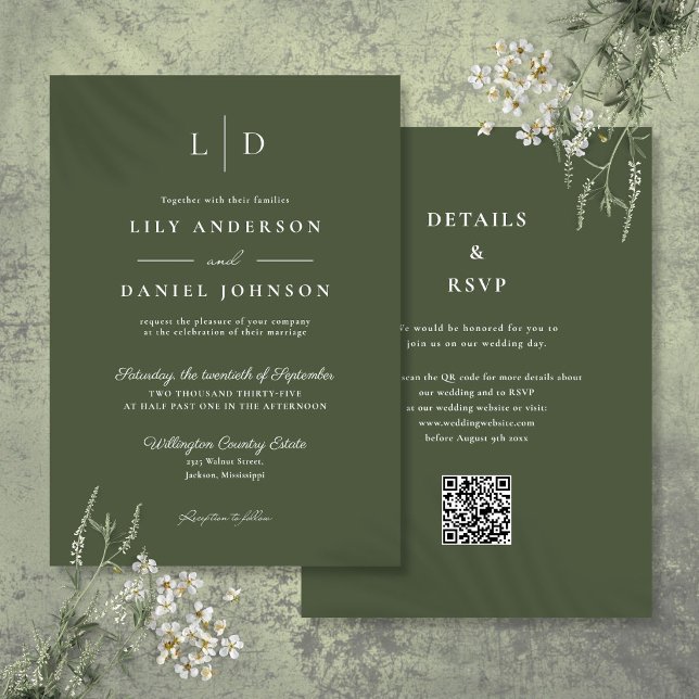 Olivgrön minimalistisk monogram QR-kod bröllop Inbjudningar (Olive Green Minimalist Monogram QR Code Wedding Invitation)