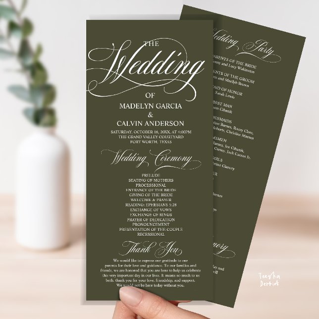 Olivgrön modern script All In One Bröllop Program (Modern Script All In One Wedding Program Card in Olive Green)