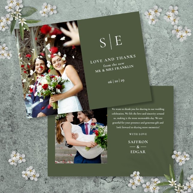Olivgrön Monogram 2 Foto Bröllop Tack Kort (Olive Green Monogram 2 Photo Wedding Thank You Card)