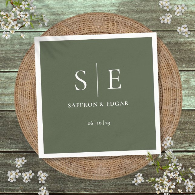 Olivgrön Monogram Bröllop Pappersservett (Olive Green Monogram Wedding Napkins)
