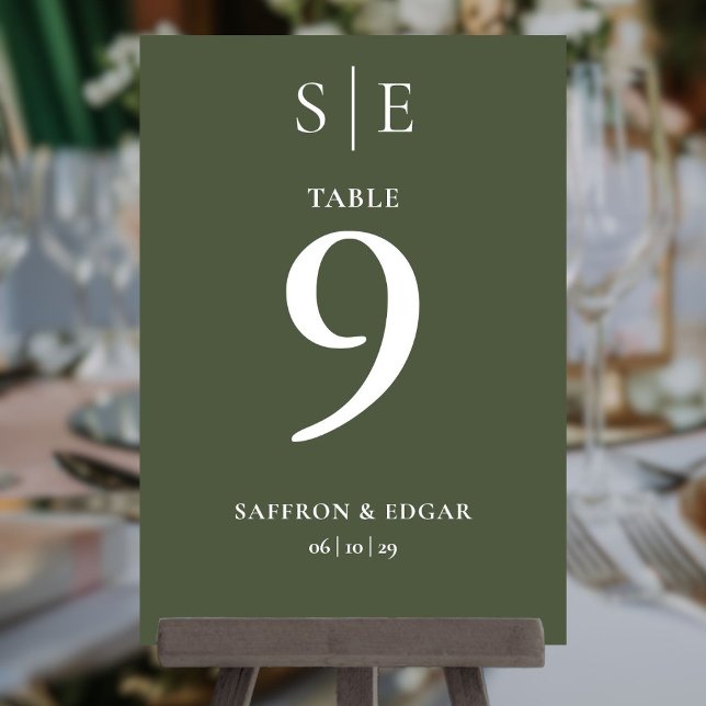 Olivgrön Monogram Bröllops Bordnummer  Inbjudningar (Olive Green Monogram Wedding Table Number)