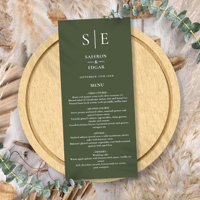 Olivgrön Monogram Bröllopsmiddag Meny (Olive Green Monogram Wedding Dinner Menu)